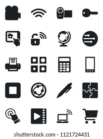 Set of vector isolated black icon - wireless notebook vector, globe, pen, video camera, network, touch screen, stop button, mobile, application, calculator, printer, key, lock, home control app