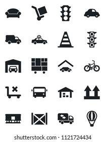 Set of vector isolated black icon - airport bus vector, waiting area, alarm car, border cone, bike, traffic light, delivery, container, consolidated cargo, up side sign, no trolley, railroad, garage