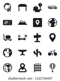 Set of vector isolated black icon - baggage trolley vector, airport bus, ticket, seat map, luggage scales, plane globe, bike, route, navigation, earth, pin, place tag, mountains, table, guidepost