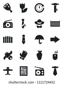 Set of vector isolated black icon - right arrow vector, abacus, mouse, tie, fence, glove, real heart, satellite, cargo container, umbrella, tulip, radio, restaurant table, dress code, ham, clock