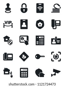 Set of vector isolated black icon - stamp vector, identity card, hose, flammable, lock, eye id, key, estate insurance, vip zone, home control, intercome, app, protect, combination, pass