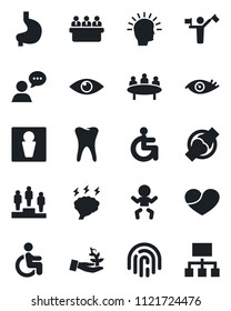 Set of vector isolated black icon - dispatcher vector, male, baby, pedestal, brainstorm, meeting, disabled, stomach, tooth, eye, joint, speaker, heart, fingerprint id, palm sproute, shining head