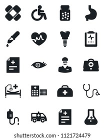 Set of vector isolated black icon - disabled vector, heart pulse, doctor case, diagnosis, stethoscope, dropper, pills bottle, patch, ambulance car, hospital bed, stomach, implant, eye, clipboard