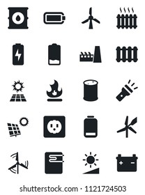 Set of vector isolated black icon - fire vector, oil barrel, low battery, torch, brightness, charge, sun panel, windmill, heater, factory, socket, water, radiator