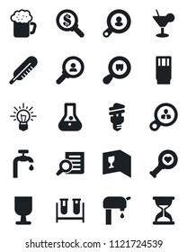 Set of vector isolated black icon - document search vector, blood test vial, thermometer, heart diagnostic, fragile, cargo, water supply, client, wine card, drink, cocktail, beer, energy saving bulb