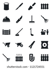Set of vector isolated black icon - passport control vector, trowel, rake, wheelbarrow, saw, hoe, garden knife, scalpel, container, oil barrel, paper clip, heater, dish, ladle, radiator