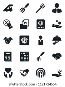 Set of vector isolated black icon - passport vector, ladder car, garden fork, farm, heart hand, client, touch screen, fingerprint id, handshake, contract, estate document, waiter, combination lock