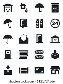 Set of vector isolated black icon - 24 around vector, umbrella, medical room, container, package, mail, book, mailbox, open close, home control, jalousie, garage gate, door, storefront
