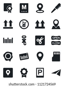 Set of vector isolated black icon - parking vector, no mobile, pen, stamp, pin, up side sign, hook, barcode, sd, cut, place tag, sertificate, menu, open close, paper plane