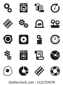 Set of vector isolated black icon - ticket office vector, washer, contract, circle chart, stamp, pills blister, rec button, pie graph, flower in pot, omelette, gear, clock, crisis management