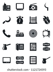 Set of vector isolated black icon - alarm clock vector, abacus, sickle, vinyl, flame disk, radio, tv, phone, call, office, open close, turkish coffee