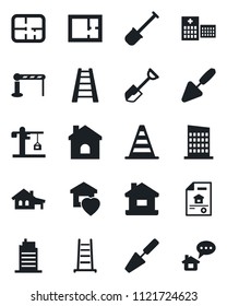 Set of vector isolated black icon - barrier vector, border cone, trowel, shovel, ladder, house, hospital, with garage, plan, estate document, sweet home, city, crane, message