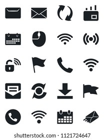 Set of vector isolated black icon - phone vector, mail, mouse, calendar, call, update, download, wireless, lock, flag