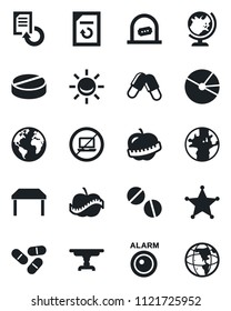 Set of vector isolated black icon - no laptop vector, ticket office, globe, document reload, pills, diet, earth, pie graph, table, police, alarm led