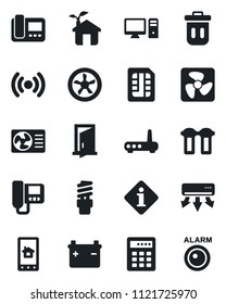 Set of vector isolated black icon - sim vector, eco house, fan, wireless, router, air conditioner, intercome, pc, home control app, water filter, energy saving bulb, trash bin, door, information
