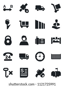 Set of vector isolated black icon - satellite vector, office phone, 24 hours, support, client, cargo container, car delivery, clock, receipt, no hook, tulip, sorting, heavy, route, rack, mailbox