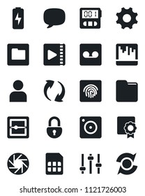Set of vector isolated black icon - message vector, update, mobile camera, settings, tuning, user, stopwatch, record, scanner, sim, folder, lock, fingerprint id, video, charge, certificate