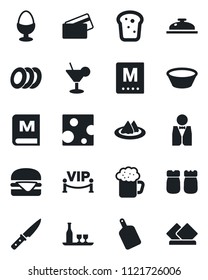 Set of vector isolated black icon - waiter vector, alcohol, serviette, menu, reception, cocktail, beer, plates, egg stand, salt and pepper, bread, vip zone, credit card, hamburger, bowl, knife
