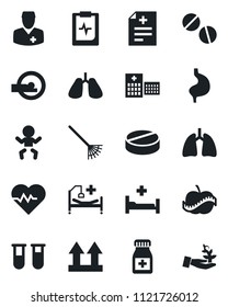 Set of vector isolated black icon - baby vector, rake, heart pulse, diagnosis, blood test vial, pills, bottle, tomography, hospital bed, stomach, lungs, clipboard, diet, doctor, up side sign