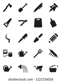 Set of vector isolated black icon - pen vector, pencil, trowel, shovel, farm fork, watering can, wheelbarrow, pruner, saw, sickle, axe, blood pressure, drawing pin, rolling, cutting board
