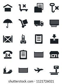 Set of vector isolated black icon - store vector, plane, office phone, 24 hours, sea shipping, truck trailer, cargo container, car delivery, clipboard, folder document, umbrella, warehouse storage
