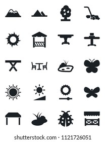 Set of vector isolated black icon - cafe vector, sun, lawn mower, butterfly, lady bug, pond, picnic table, brightness, fruit tree, mountains, restaurant, alcove