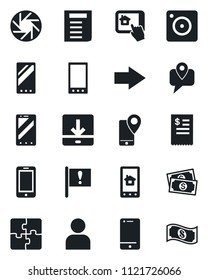 Set of vector isolated black icon - right arrow vector, mobile phone, document, important flag, cash, tracking, cell, camera, user, download, application, restaurant receipt, home control app