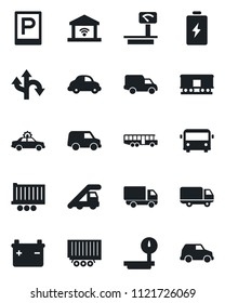 Set of vector isolated black icon - airport bus vector, parking, alarm car, ladder, route, truck trailer, delivery, heavy scales, railroad, garage gate control, battery