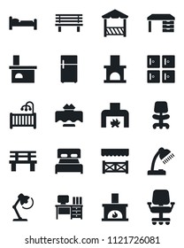 Set of vector isolated black icon - bed vector, checkroom, office chair, desk, bench, fireplace, lamp, bedroom, children room, restaurant table, alcove, fridge