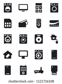 Set of vector isolated black icon - washer vector, calculator, monitor, speaker, phone back, sim, smart home, credit card, control, remote, router, usb flash
