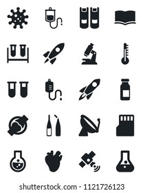 Set of vector isolated black icon - satellite antenna vector, book, blood test vial, dropper, microscope, ampoule, real heart, joint, virus, sd, thermometer, rocket, flask