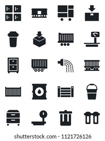 Set of vector isolated black icon - trash bin vector, checkroom, bucket, watering, railroad, truck trailer, cargo container, consolidated, package, oil barrel, heavy scales, archive box