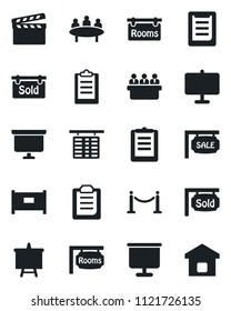 Set of vector isolated black icon - fence vector, flight table, presentation board, meeting, clipboard, clapboard, sale, rooms, sold signboard, smart home