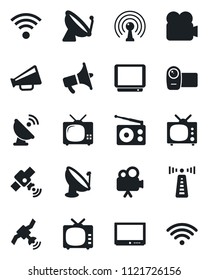 Set of vector isolated black icon - antenna vector, satellite, radio, loudspeaker, tv, video camera, wireless