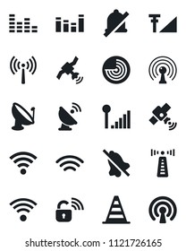 Set of vector isolated black icon - antenna vector, border cone, radar, satellite, equalizer, wireless, mute, cellular signal, lock