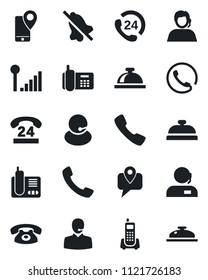 Set of vector isolated black icon - reception bell vector, office phone, 24 hours, support, mobile tracking, radio, call, mute, cellular signal