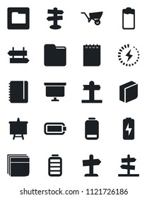 Set of vector isolated black icon - signpost vector, notepad, presentation board, wheelbarrow, battery, low, folder, charge, blank box, guidepost