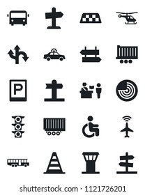 Set of vector isolated black icon - airport tower vector, plane radar, taxi, bus, parking, passport control, signpost, alarm car, border cone, helicopter, disabled, route, traffic light, guidepost