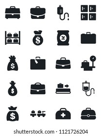 Set of vector isolated black icon - suitcase vector, baggage conveyor, larry, luggage storage, scales, checkroom, case, money bag, fertilizer, doctor, dropper