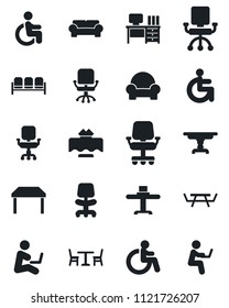 Set of vector isolated black icon - cafe vector, waiting area, disabled, office chair, desk, picnic table, cushioned furniture, restaurant, man with notebook