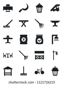 Set of vector isolated black icon - cafe vector, ladder car, rake, sickle, garden light, picnic table, fertilizer, bike, restaurant, alcove, outdoor lamp