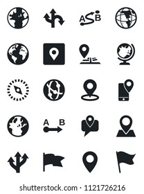 Set of vector isolated black icon - globe vector, route, navigation, earth, pin, mobile tracking, network, place tag, compass, flag