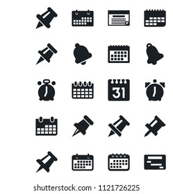 Set of vector isolated black icon - alarm clock vector, drawing pin, calendar, term, paper, bell, schedule