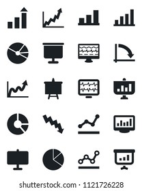 Set of vector isolated black icon - growth statistic vector, presentation board, crisis graph, circle chart, monitor pulse, statistics, bar, pie, point