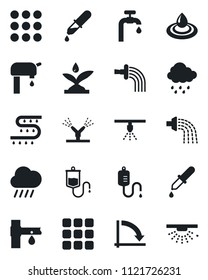 Set of vector isolated black icon - crisis graph vector, watering, rain, drip irrigation, dropper, menu, water supply, sprinkler