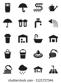 Set of vector isolated black icon - watering can vector, bucket, rain, hose, drip irrigation, umbrella, warehouse, water supply, bathroom, drink, filter, warm floor