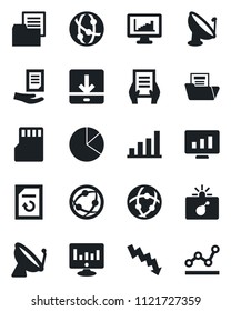 Set of vector isolated black icon - satellite antenna vector, bomb in case, crisis graph, document, statistic monitor, reload, folder, network, sd, download, statistics, bar, pie, point