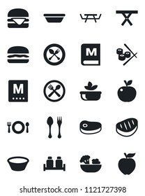 Set of vector isolated black icon - spoon and fork vector, picnic table, cafe, menu, salad, salt pepper, steak, hamburger, bowl, sushi, apple fruit
