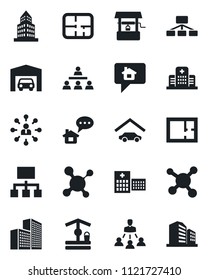 Set of vector isolated black icon - hierarchy vector, well, molecule, hospital, office building, garage, plan, home message