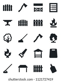 Set of vector isolated black icon - fence vector, tree, saw, fire, hoe, axe, abacus, table, alcove, cutting board